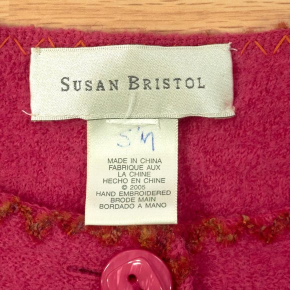 Susan Bristol Pink Boiled Wool Hand Embroidered Sweater Cardigan, Vintage Size L - Picture 6 of 9
